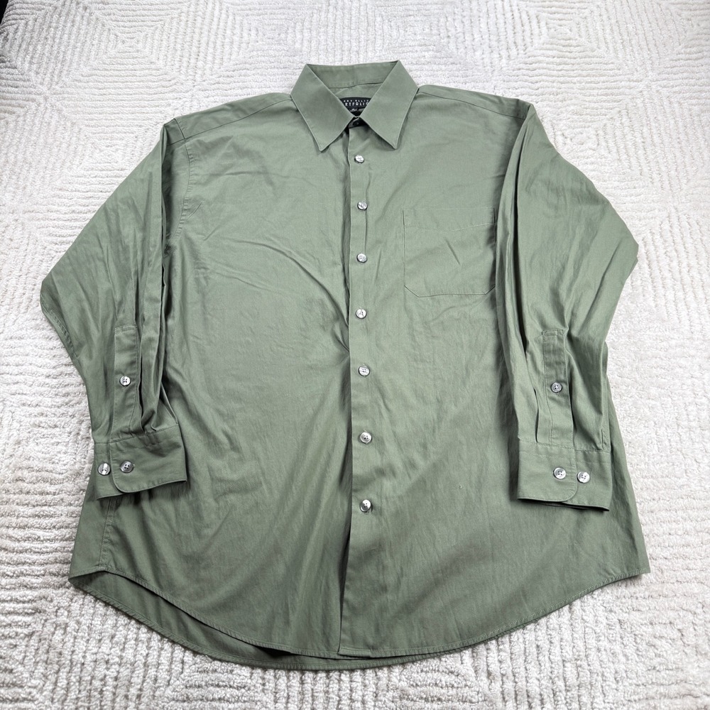 Perry Ellis Portfolio Button Shirt Mens 16 32/33 Green Olive Office Workwear